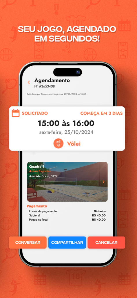 Agendei Quadras - Aplicativo móvel Agendei Quadras mostrando uma tela de confirmação de reserva de quadra de vôlei