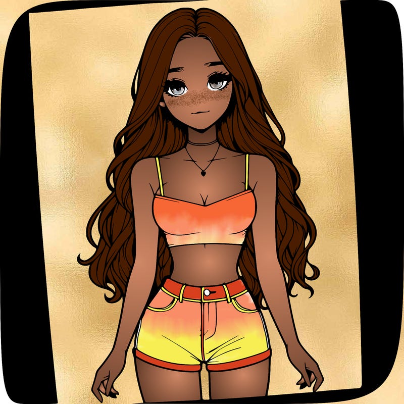 a realistic girl with long hair and in a crop top and shprts