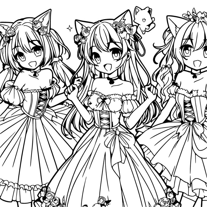 anime girls happy with cat ears and bird wings with a flowing flowery princess dress and speech bubble
