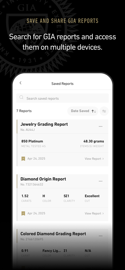 GIA - Mobile interface of the GIA app showing a list of saved jewelry and diamond grading reports