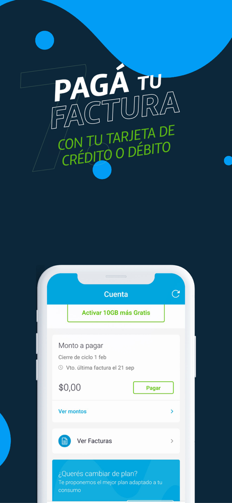 Interface do aplicativo Mi Movistar para pagamento de faturas com cartão de crédito ou débito