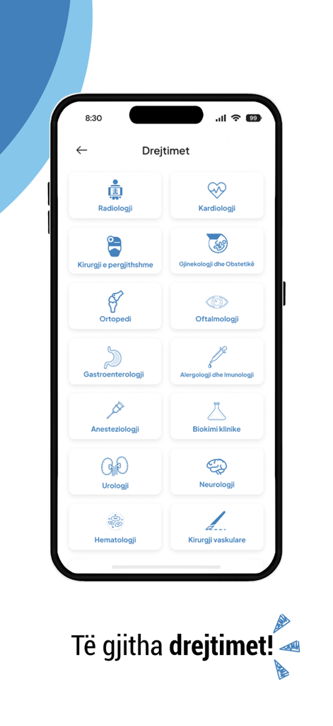 Doki Ai - Interface of the Doki Ai app showing a grid of medical specialties like Cardiology and Radiology for appointment booking