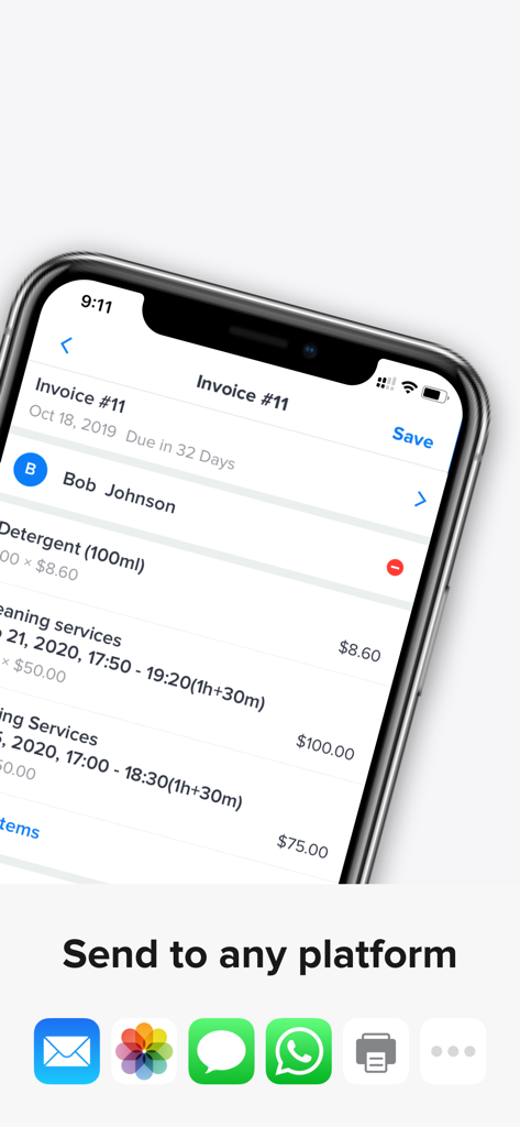 iPhone screen showing a professional invoice with sharing icons for email, messaging, and printing.