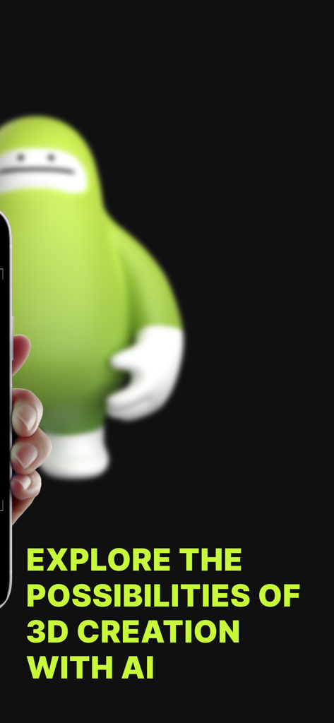 3Dpresso - A promotional screen for 3Dpresso featuring a green 3D character and the text Explore the possibilities of 3D creation with AI.