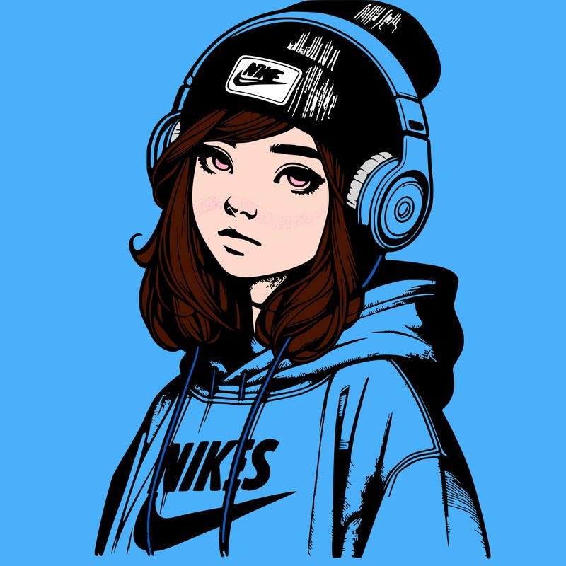 realistic girl wearing a hoodie and a beanie and headphones and nikes