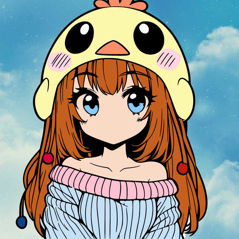 anime girl with chick shaped hat with sweater with bare shoulders with bangs covering them one eye with low tail