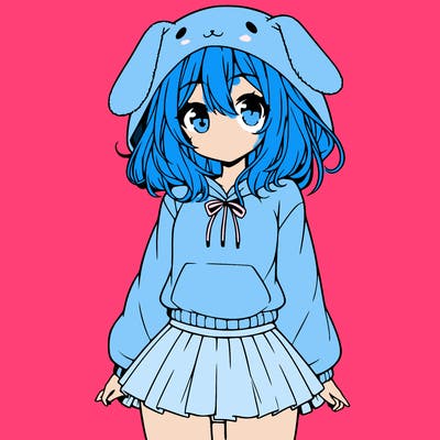 pretty anime girl wearing a fluffy hoodie with bunny ears on the hood and a skirt