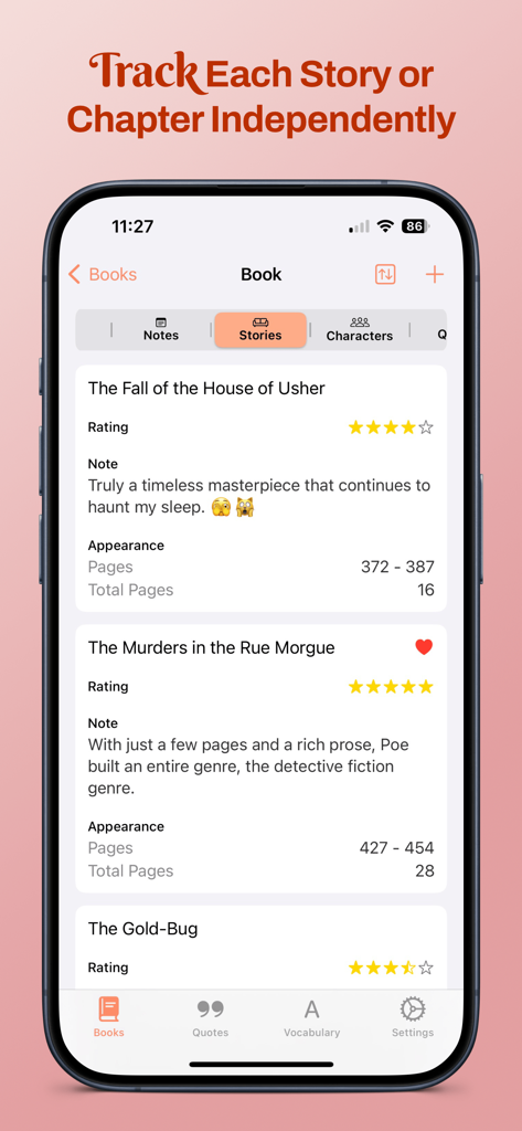 Bookopedia: Note-Taking Books - Interface de l'application Bookopedia montrant le suivi détaillé et les notes des histoires et chapitres individuels d'un livre.