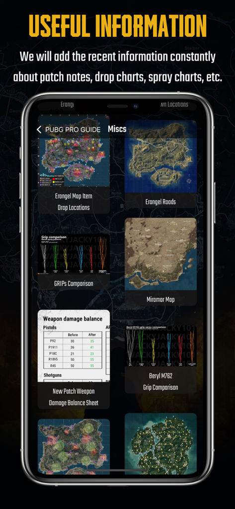 Guide & Stat for PUBG NewState - Una pantalla de aplicación móvil que muestra mapas de PUBG New State, comparaciones de retroceso de armas y hojas de equilibrio de daño