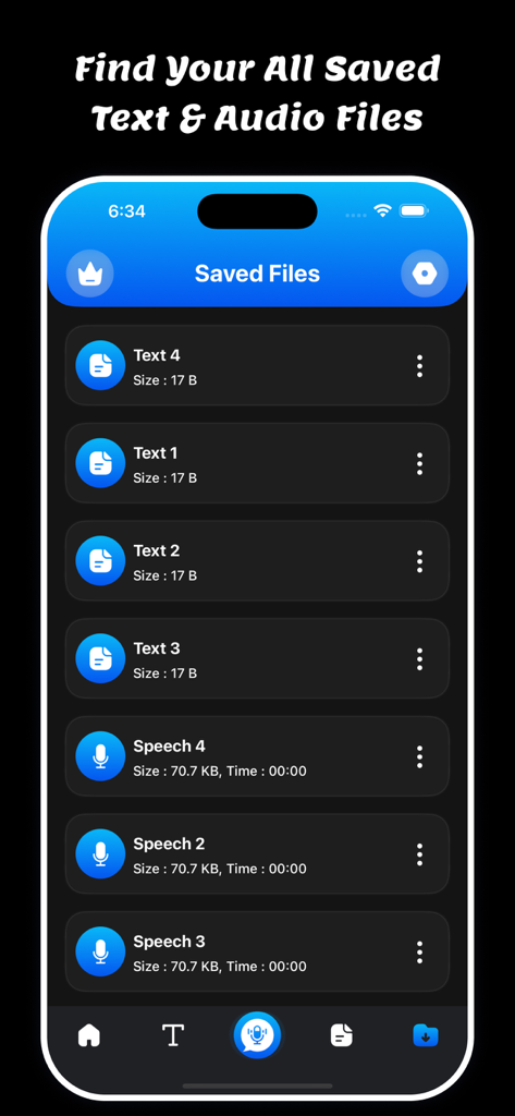 Speech To Text: Voice Notes - Interfaz que muestra una lista de archivos de notas de voz y texto guardados en la aplicación
