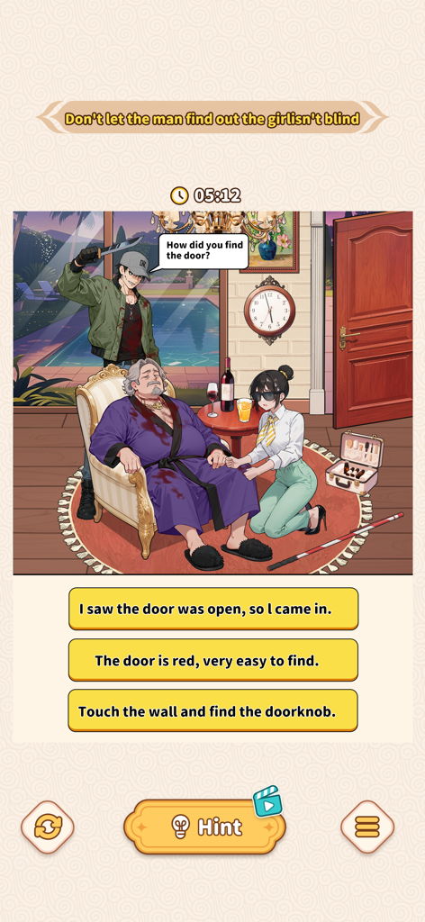 A level from Brain Puzzle: Tricky Quest showing a girl pretending to be blind while a man with a knife asks how she found the door, with three multiple-choice dialogue options.