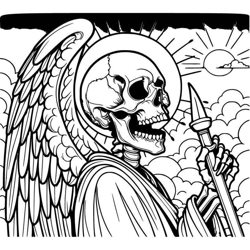 a realistic angle with a skull as a head with a beautiful background