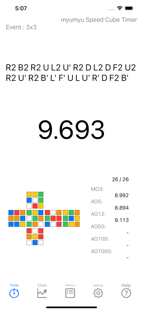SpeedCubeTimer - myumyuTimer - - SpeedCubeTimer app displaying 3x3 cube solve time and performance statistics