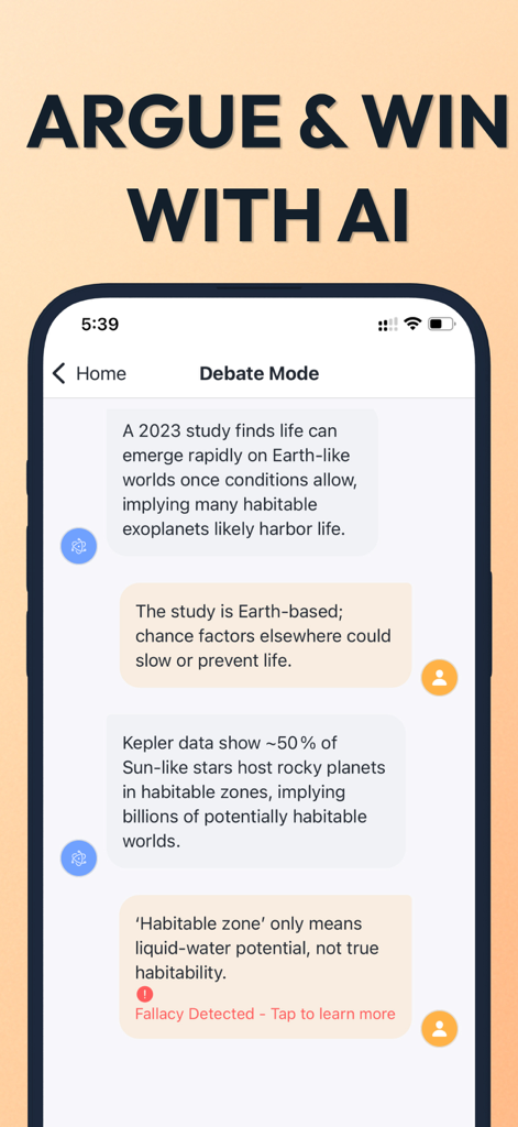 Interface of the Fallacy app showing a debate with AI where a logical fallacy is detected.