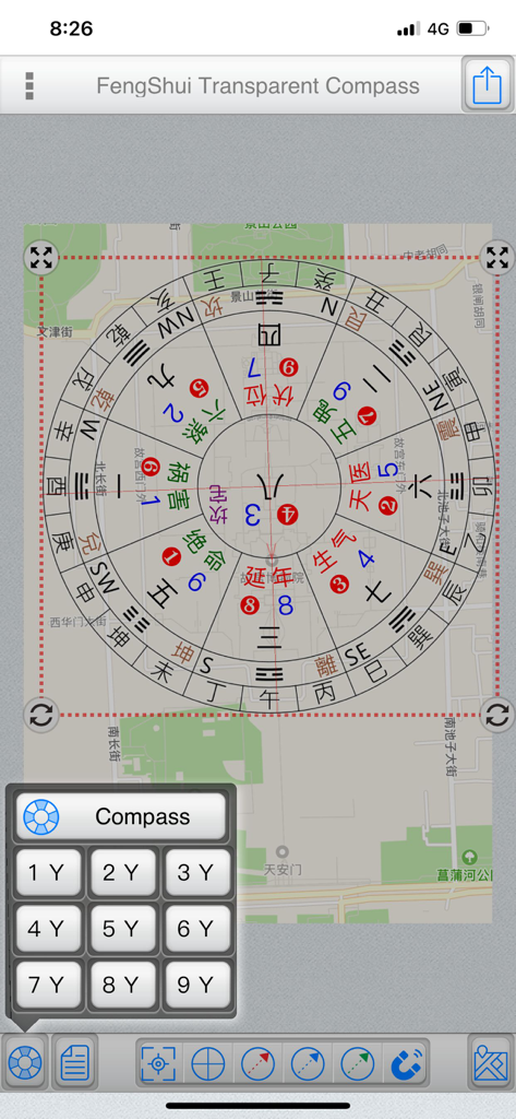 FengShui Transparent Compass - Digital Feng Shui compass tool overlaid on a street map for orientation analysis