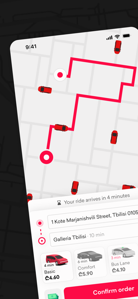 Rashi - Georgian rides - トビリシ・ジョージアでのタクシー予約マップと乗車オプションを表示するラシアプリのインターフェース
