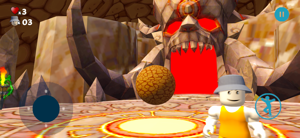 Parkour Escape Prison Breakout - A blocky character standing in front of a giant stone skull entrance with red glowing eyes in a parkour escape game.