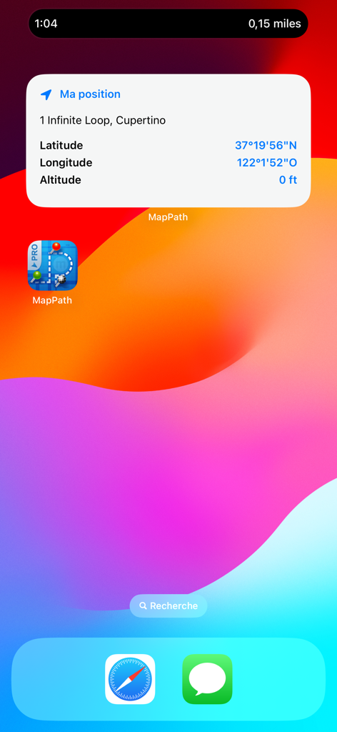 MapPath Pro - Widget de MapPath Pro para iOS mostrando coordenadas de ubicación actual y altitud en la pantalla de inicio de un iPhone