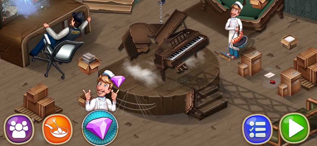 Una sala de restaurante desordenada en el juego Cooking Team con el Chef Roger y tareas de renovación