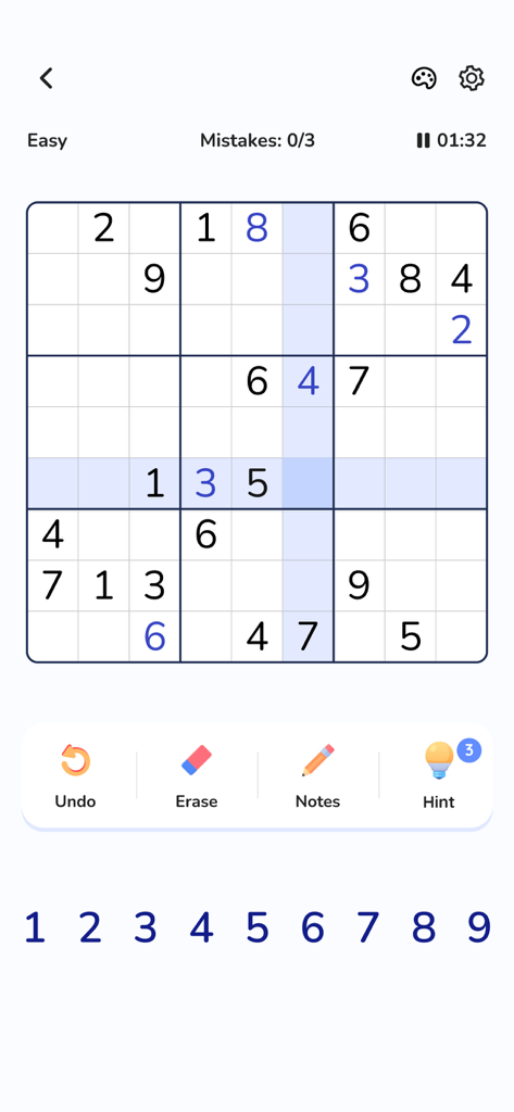 Sudoku: Classic Sudoku Puzzle⋆ - Classic Sudoku puzzle grid on a mobile interface with clean design and navigation tools