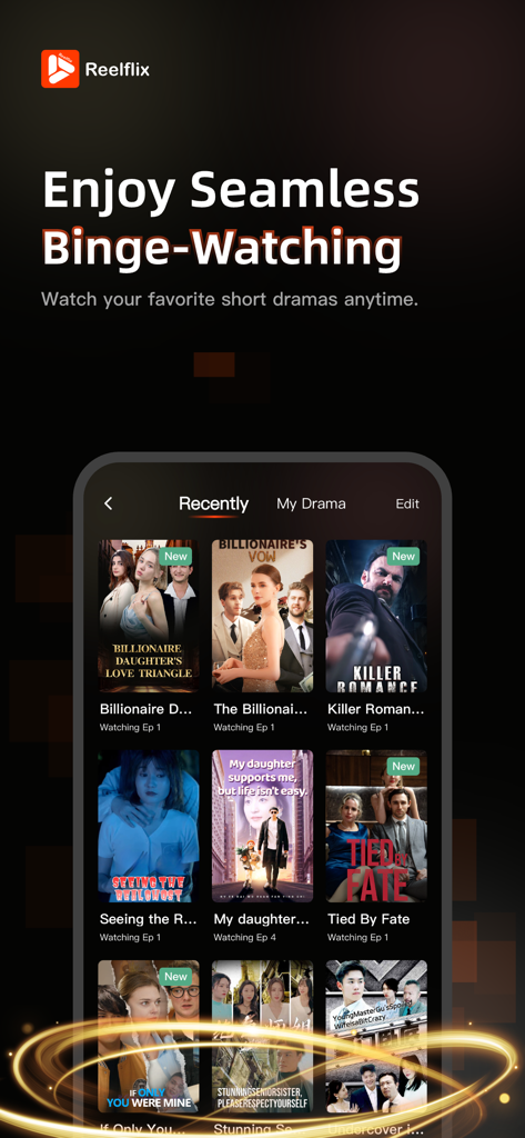 Uma captura de tela do aplicativo Reelflix mostrando vários títulos e capas de séries de dramas curtos.