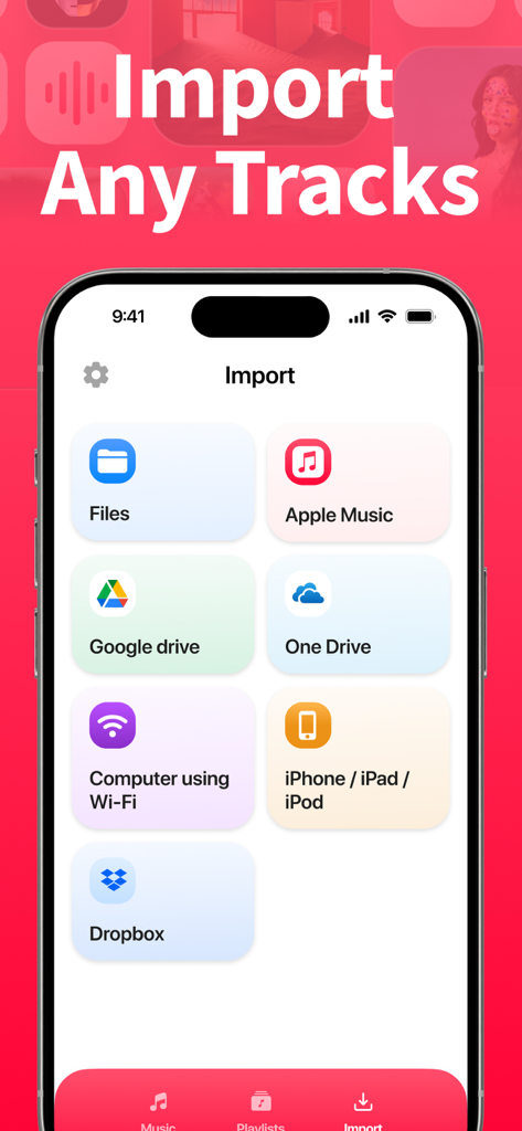 Interface showing multiple options to import music tracks from cloud storage and local files