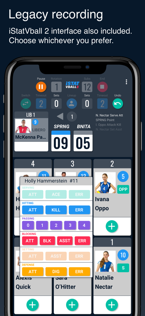 The legacy iStatVball 2 recording interface inside the iStatVball 3 app for tracking volleyball player statistics