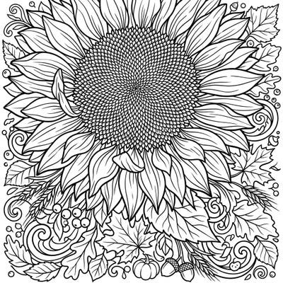 Immerse yourself in the beauty of autumn with this stunning macro sunflower coloring page. Featuring an extreme close-up of a sunflower amidst a rich tapestry of fall leaves and harvest elements, it offers a truly engaging creative escape.