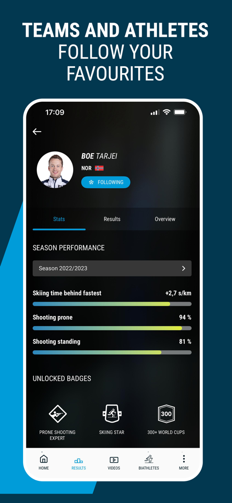 Mobile screen showing biathlete Tarjei Boe statistics including shooting accuracy and skiing performance in the Official IBU App
