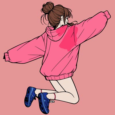realistic girl jumping with a bun and oversized sweatshirt