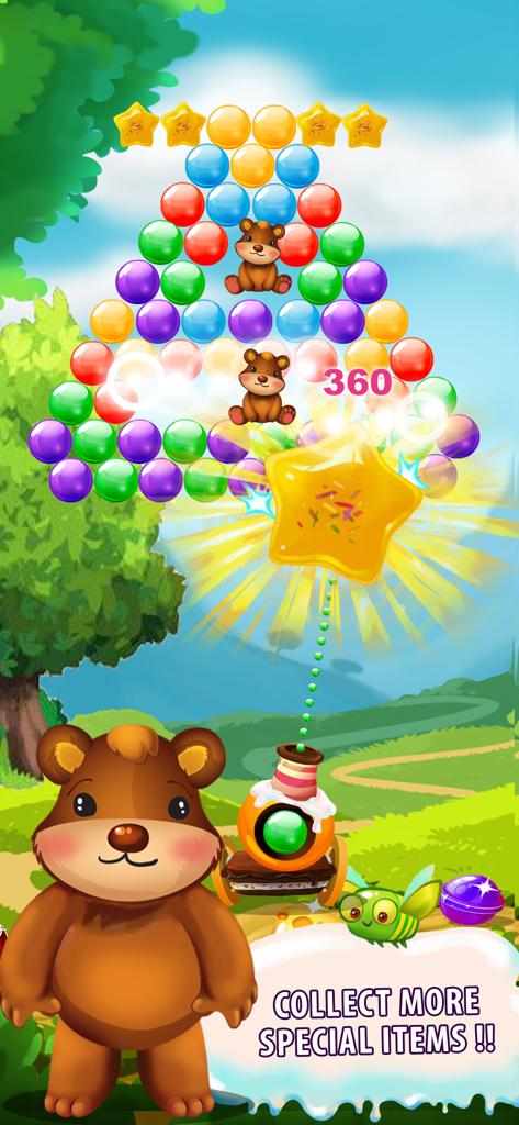 Bubble Candy: Bubble Shooting - Bubble Candy game screen showing a cute bear character and a star-shaped special item being launched in a forest setting.