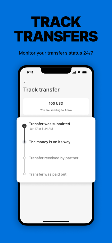Walmart2Walmart - Walmart2Walmart mobile app screen for tracking money transfer status