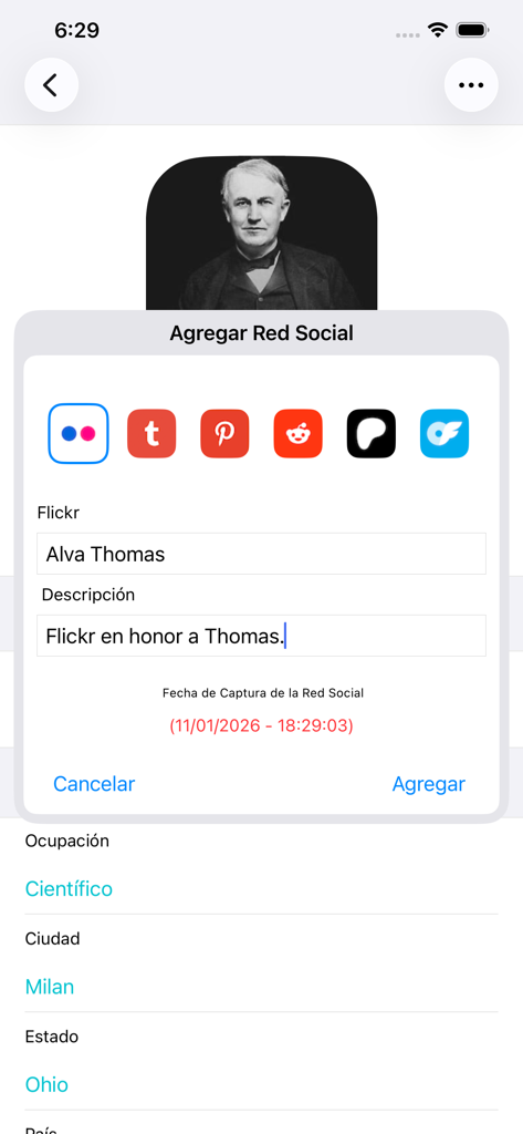 ContactLog - Interface of ContactLog app showing a pop-up window to add a social media link to a contact profile with various social platform icons.