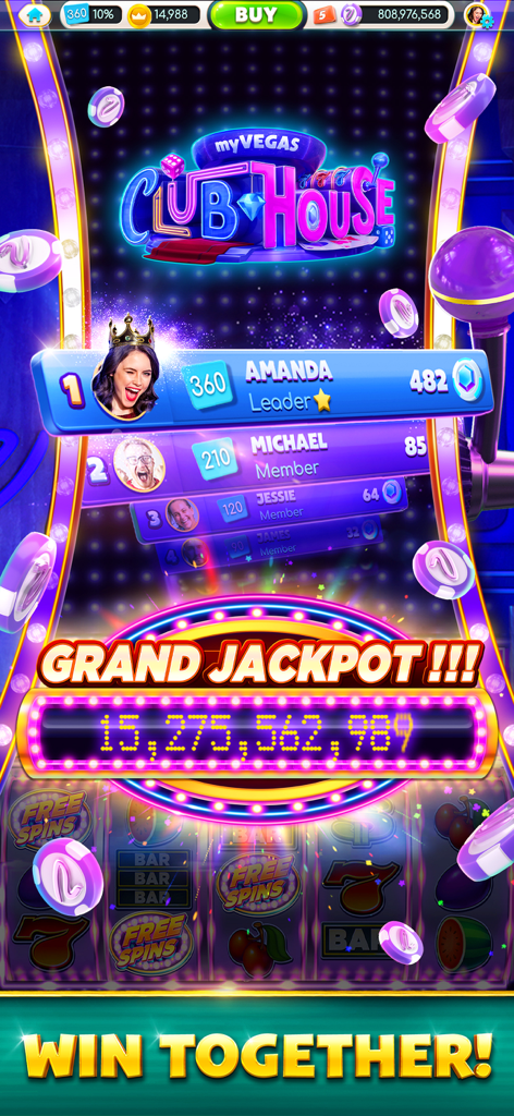 myVEGAS Slots Clubhouse screen featuring a social leaderboard and a multi-billion chip Grand Jackpot