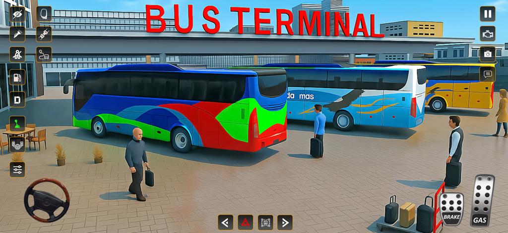 City Coach 3d Bus Driver Game - Una terminal de autobuses con autobuses turísticos coloridos y pasajeros en un juego de simulador de conducción 3D