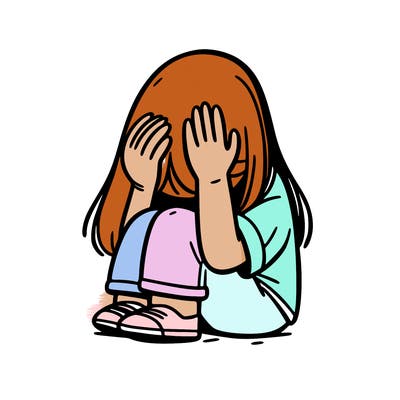 girl sitting down covering her head