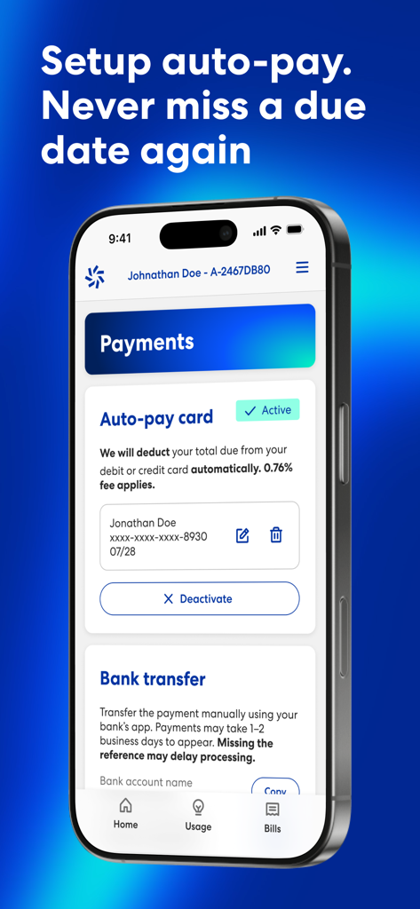Meridian Energy NZ app interface for setting up and managing automatic payments.