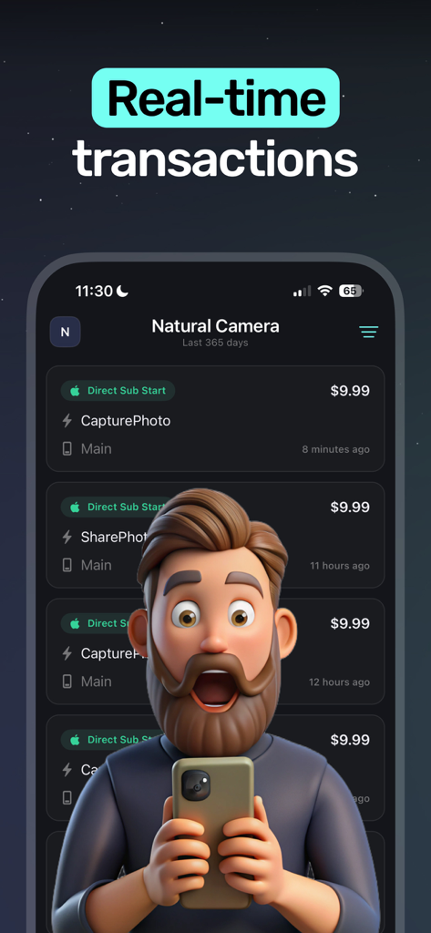 Écran de l'application Superwall affichant une liste de transactions en temps réel et de revenus d'abonnement pour une application mobile.