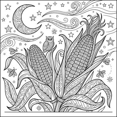 Discover serene artistry with this adult coloring page featuring highly detailed corn cobs illuminated by a celestial night. Perfect for finding peace and sparking creativity, this intricate design offers a mindful escape.