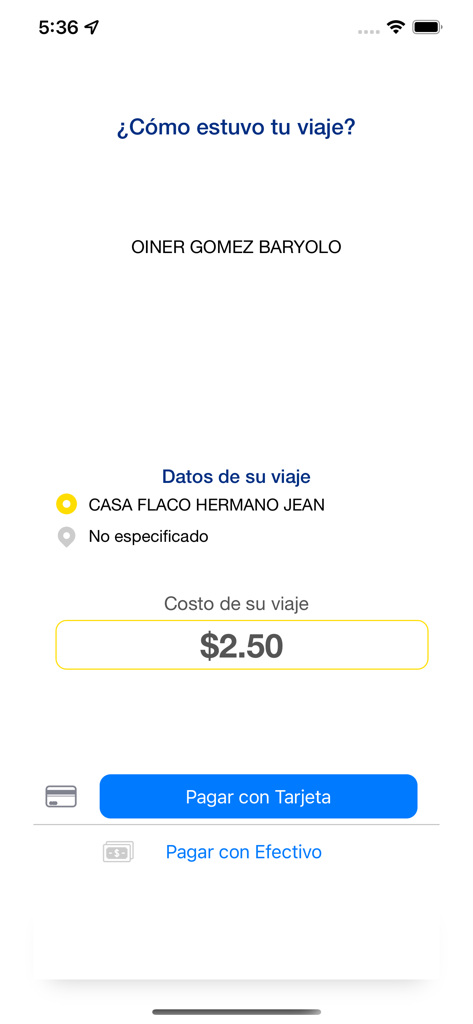 Un Taxi - Un Taxi Mobile App-Oberfläche, die die Fahrtkosten und Zahlungsmethoden für eine abgeschlossene Fahrt anzeigt.
