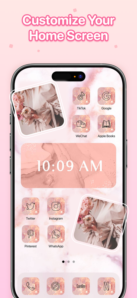 Tema estetico per la schermata Home dell'iPhone con marmo rosa, icone e widget personalizzati