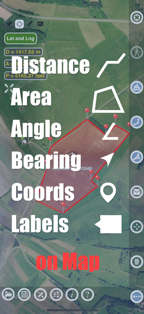 Planimeter GPS Area Measure - Planimeter app showing area distance and angle measurement features on a satellite map