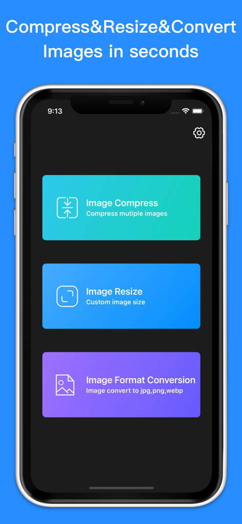 Photo Compress - Resize Image - Tela principal do aplicativo Photo Compress apresentando opções de compactação, redimensionamento e conversão de imagens