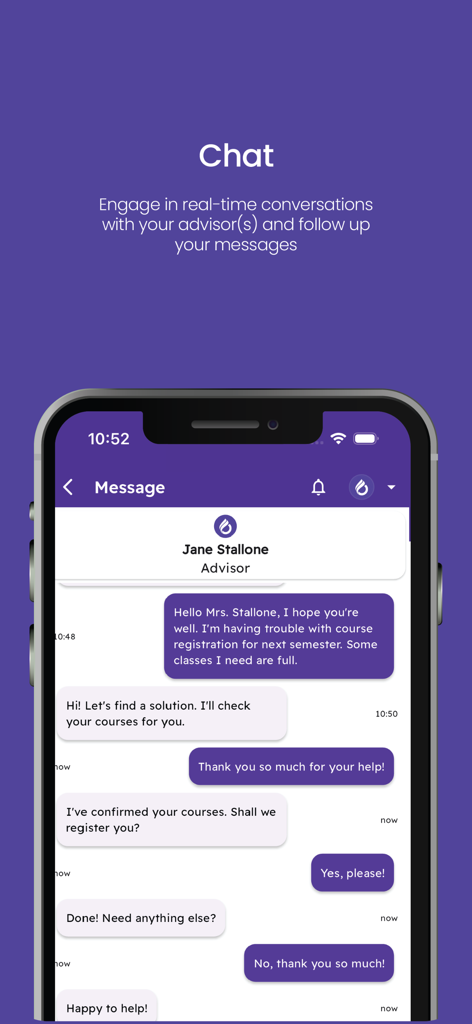 CIU Mobile app chat interface showing a student and advisor conversation