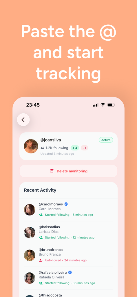 Stalkie app interface showing recent social media activity and follower changes for a monitored profile