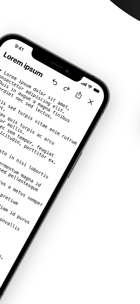 Text Editor - Document Editor - A mobile text editor interface displaying a document with placeholder text and editing tools on an iPhone.