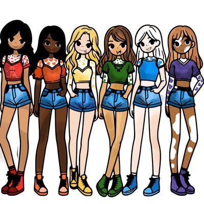 a group of girls wearing crop tops and shorts