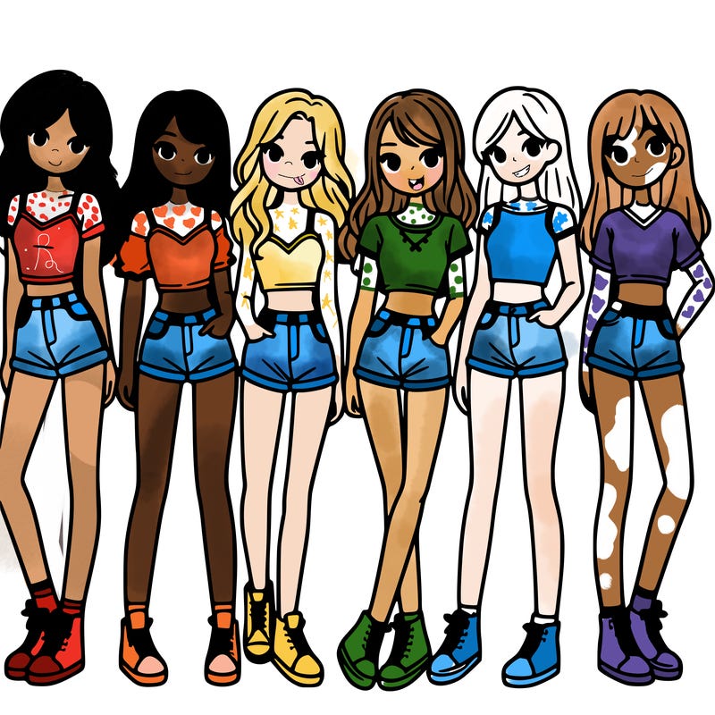 a group of girls wearing crop tops and shorts