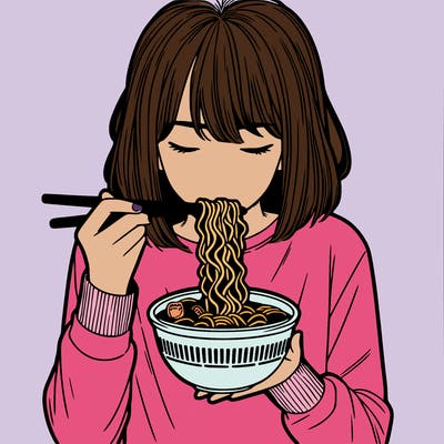 a girl realistic eating ramen noodles