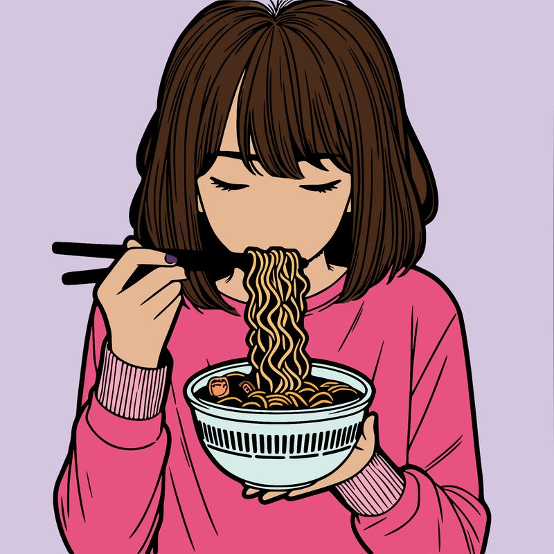 a girl realistic eating ramen noodles